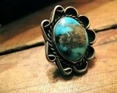 On Sale One of A kind 1950's Vintage Navajo Pawn Ring Brilliant Blue turquoise & Sterling Silver sz 71/2