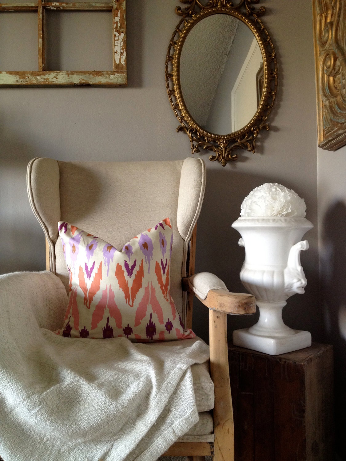 Coral Pink & Purple Ikat Print Pillow Cover