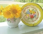 Bright and cheery kitsch candy tin-Made in England-retro sunshine yellow and floral "Mackintosh's" Golden toffee wafer tin
