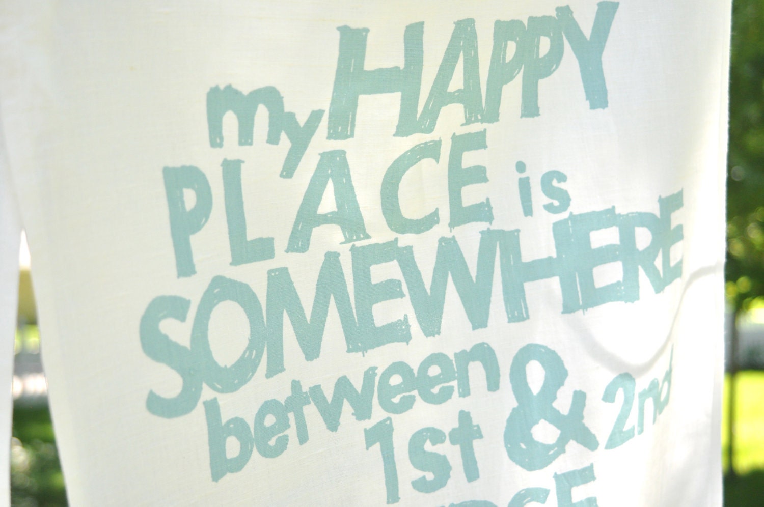 SALE. Cotton/LinenTea Towel, Hand Printed My Happy Place... in Sky Blue
