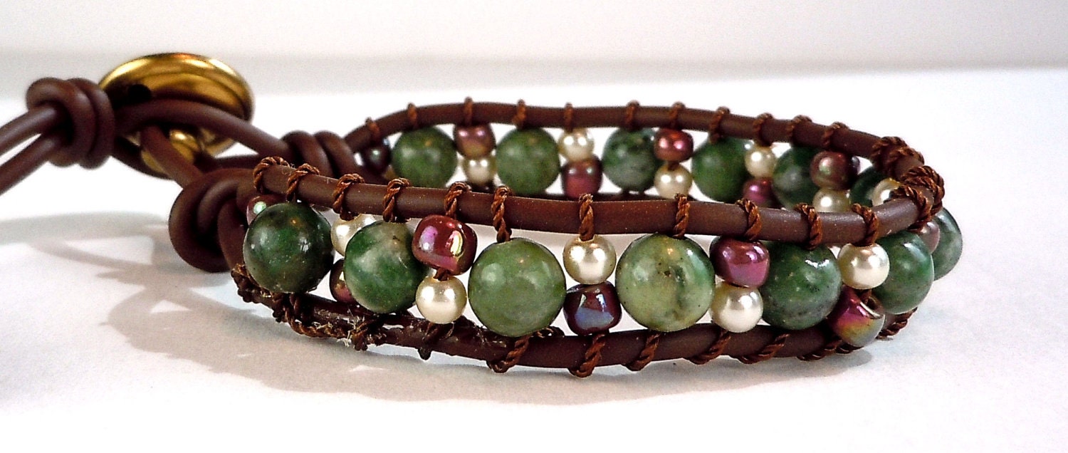 Jade Wrap Bracelet - Faux leather cord - Jade bracelet, pearl bracelet, seed bead bracelet - button clasp