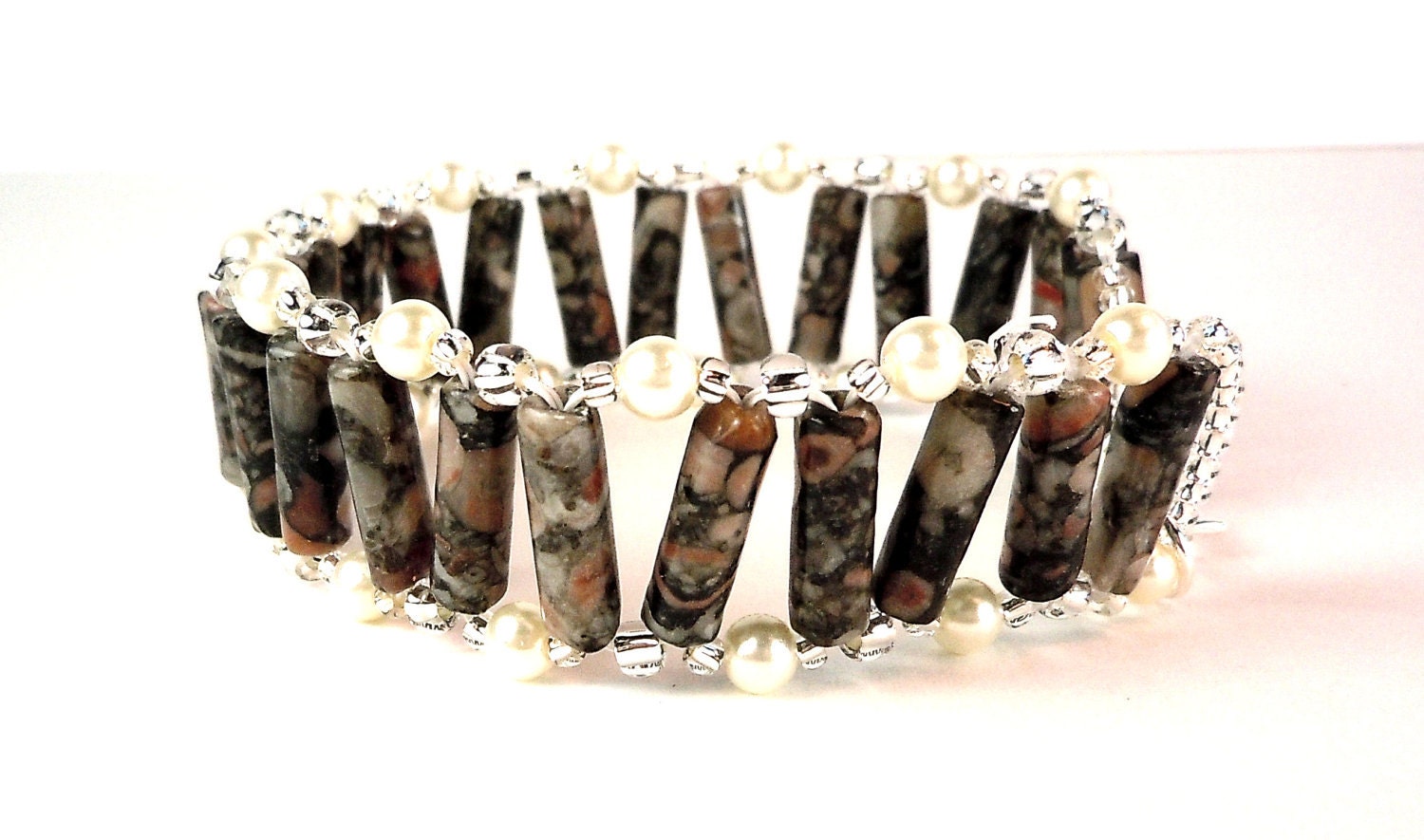 African Jasper Bracelet - Gemstone Bracelet - Cuff Bracelet - Pearl Bracelet - Seed Bead Bracelet