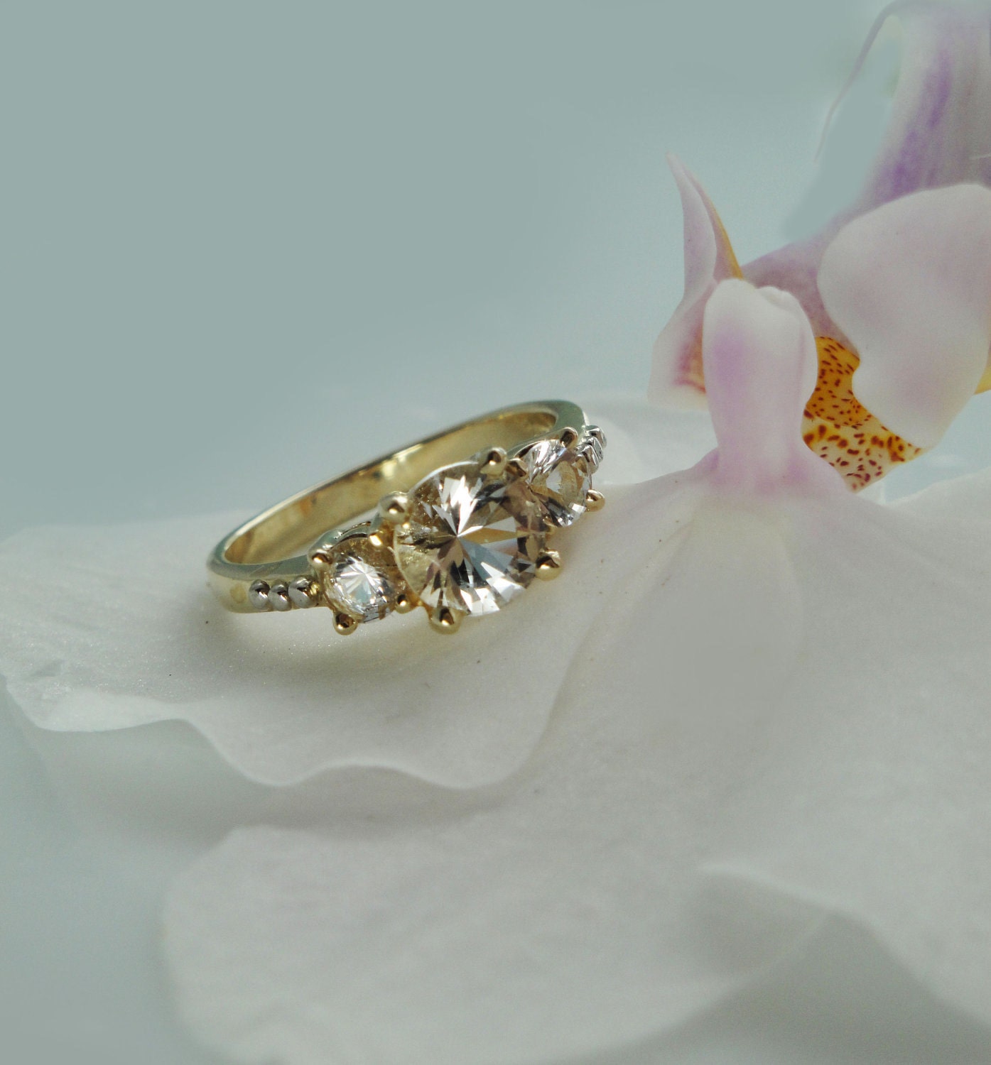 Stunning Three Stone Herkimer Diamond 14K Gold Unique Engagement Ring