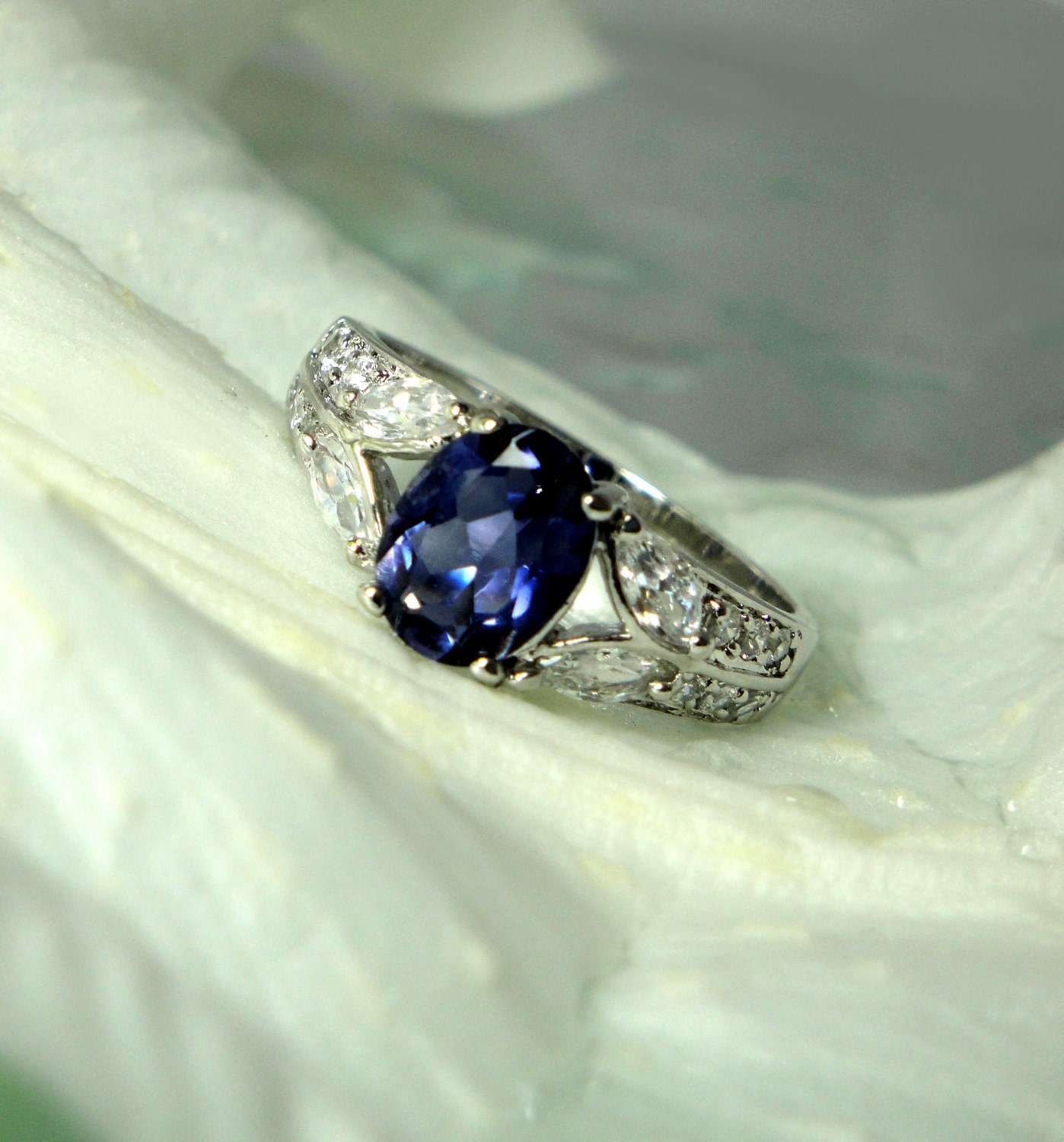 Brilliant Perry Winkle Purple Natural Iolite And White Topaz Sterling Antique Style Ring