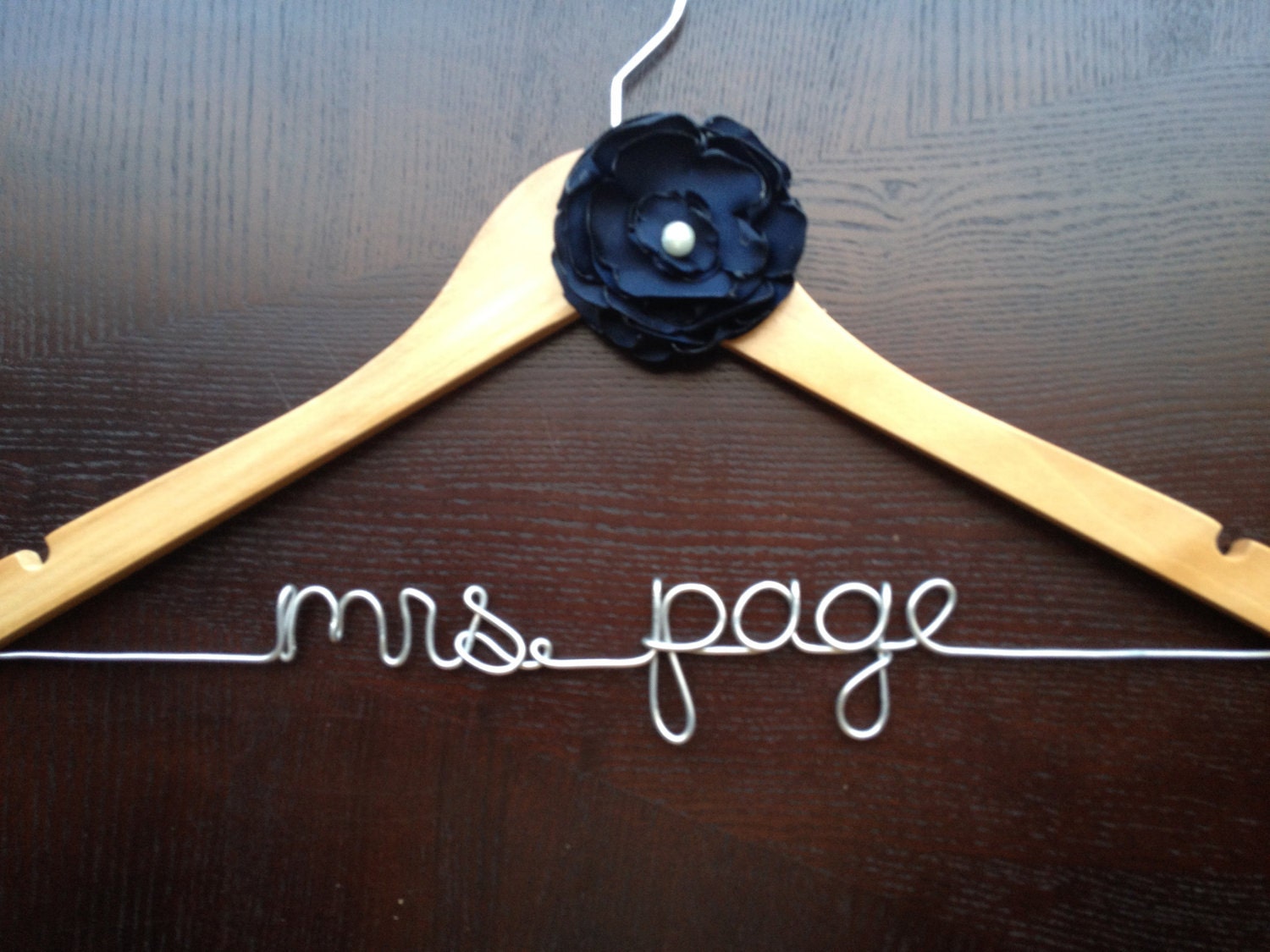 Wedding Dress Hanger - NATURAL - Personalized with Bride's name - Navy Blue Flower