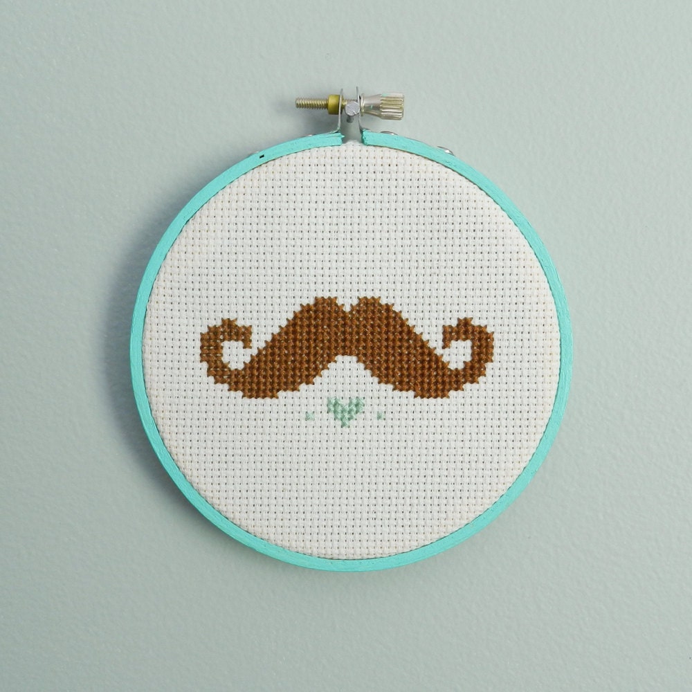Mustache Love, Modern Cross Stitch Hoop Art