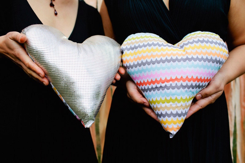 READY TO SHIP: Heart Pillows Shiny Silver and Multi-Colored Scalloped Design