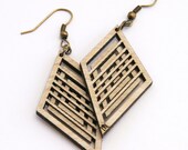 Wooden Diamond Pendant Earrings - Linear Geometric Design (0014)