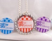 PARTY FAVOR Birthday Month  Bottle Cap NECKLACE with Individual Organza Bags and Silver Ball Chain