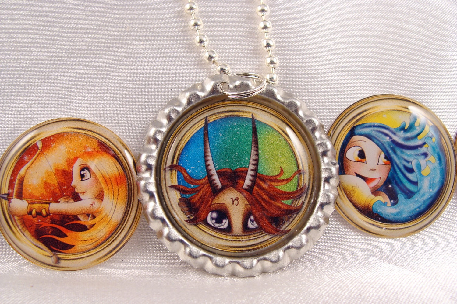 PARTY FAVOR Zodiac Sign Bottle Cap NECKLACE with Individual Organza Bags and Silver Ball Chain