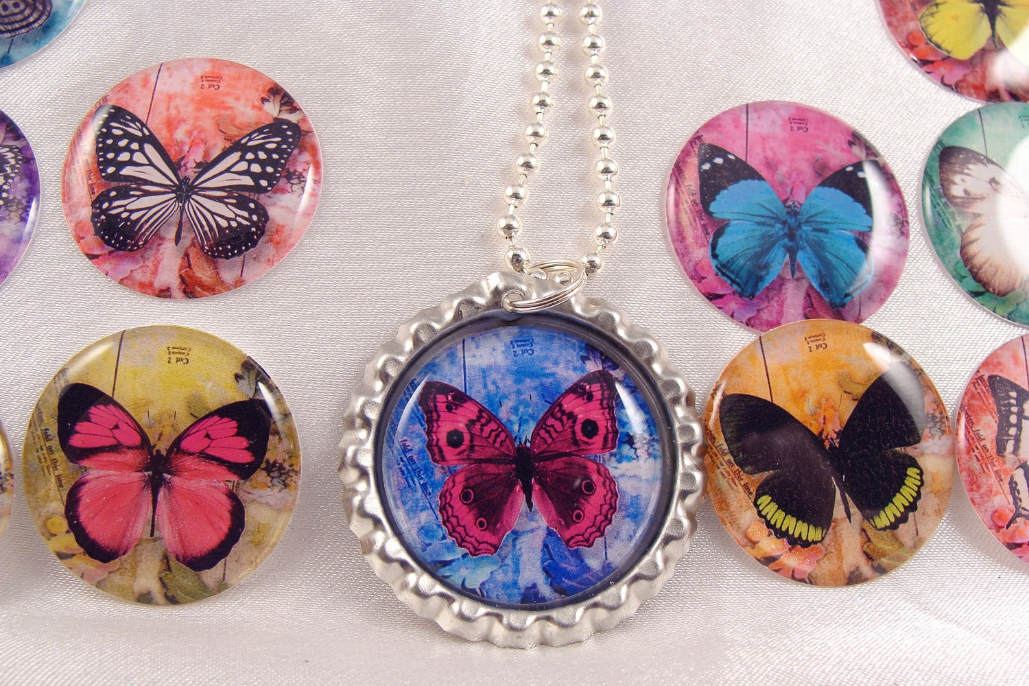 PARTY FAVOR Butterfly Bottle Cap NECKLACE  with Individual Organza Bags and Silver Ball Chain