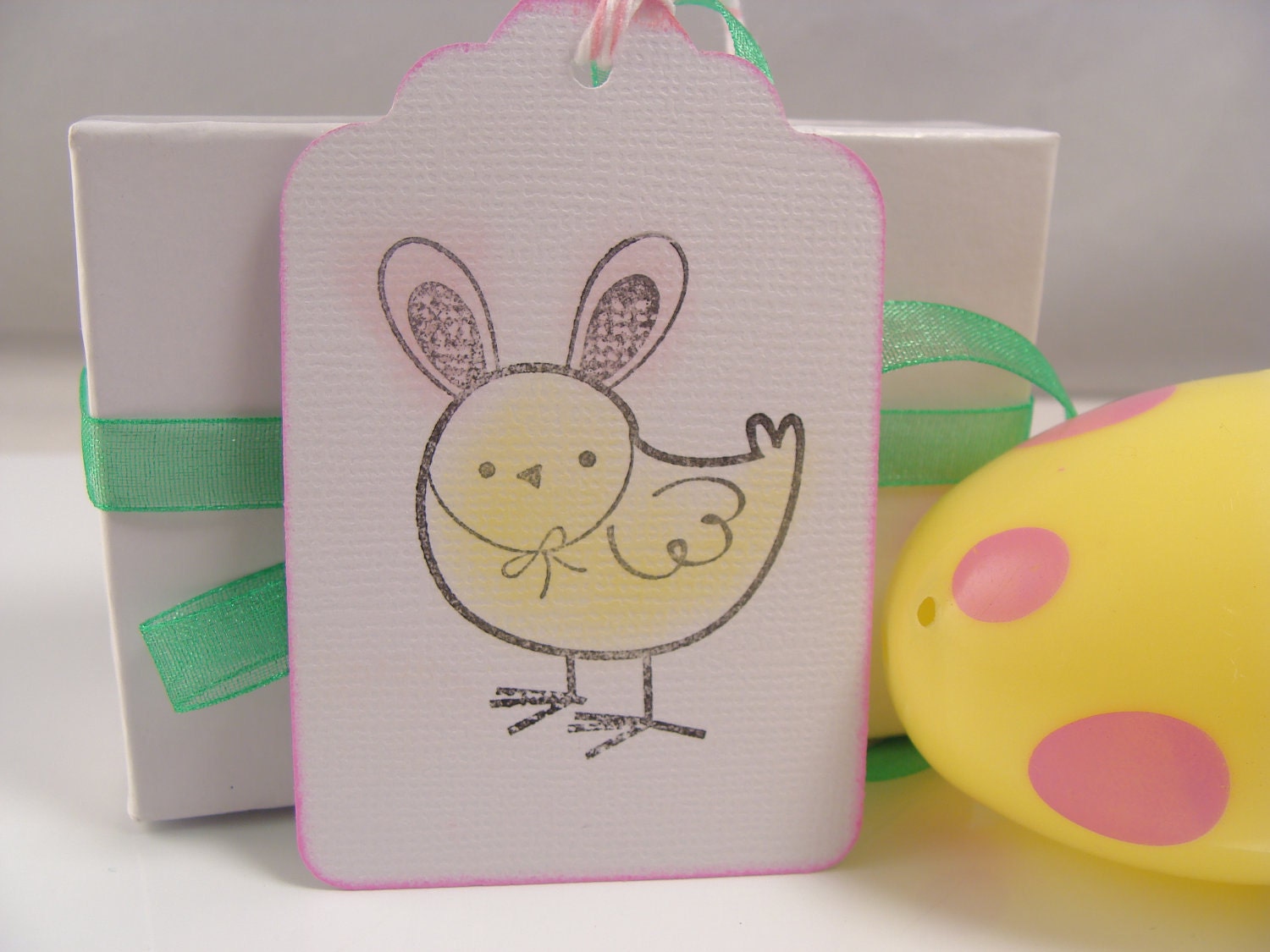 EASTER CHICK TAG Handmade Handstamped Chalked Pastel 3 inch set of 10 with Pink/White Baker's Twine