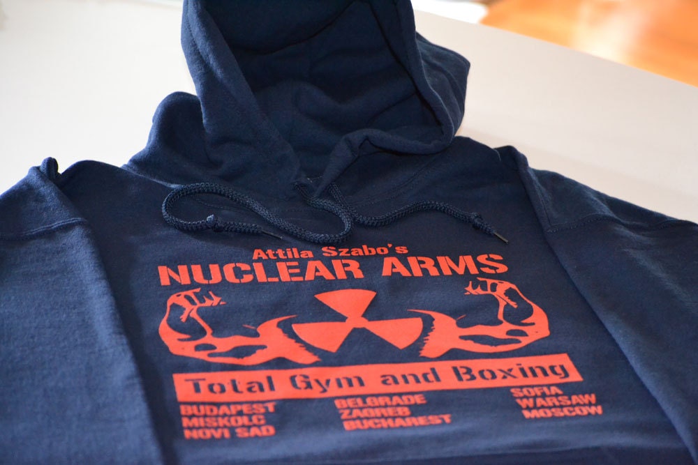 Navy Blue Nuclear Arms Gym funny Russian hoodie size Large or choice of S,M,L,XL,2XL,3XL