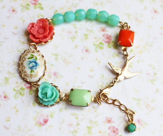 RESERVE for RACHEL. Coral and Seafoam Flower Bracelet. Vintage. Bridesmaids. Romance. Wedding. Summer.Floral Jewelry. Bohemian. Fashion.