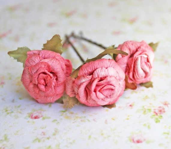 Pink Salmon Paper Flower Bobby Pins. Woodland. Whimsical. Wedding. Bridesmaids. Hair Accessories. Bobby Pins (Set of 3)