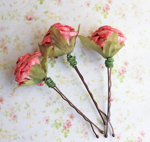 Pink Salmon Paper Flower Bobby Pins. Woodland. Whimsical. Wedding. Bridesmaids. Hair Accessories. Bobby Pins (Set of 3)