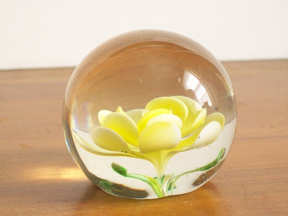 Vintage Glass Paperweight Yellow Flower By Tatterandfray On Etsy