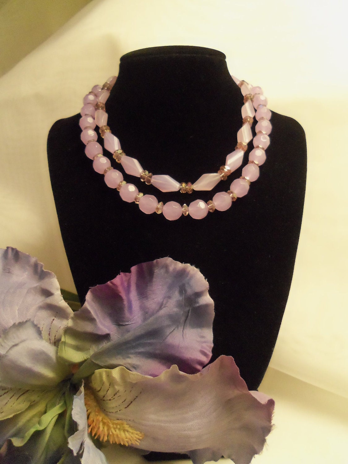 Beautiful Light Purple Glass Beads & Swarovski Crystals Ribbon Tie Double Strand Necklace- Birthday Gift for Her. Prom Wedding Jewelry