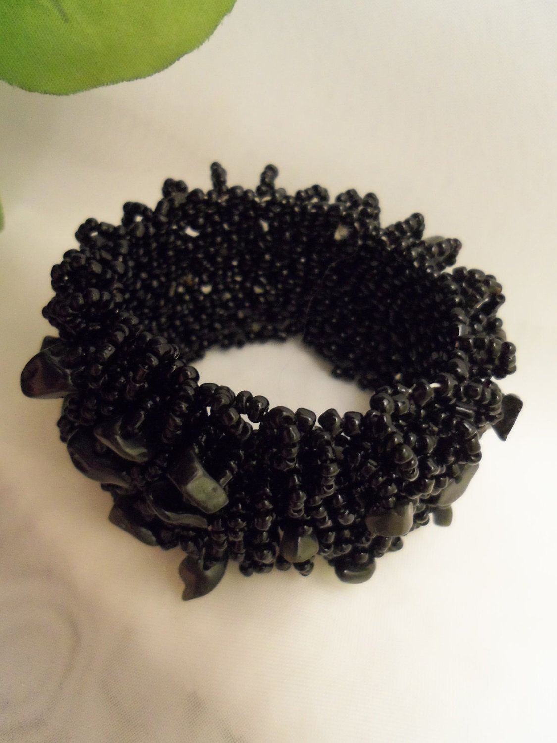 On Sale- Gorgeous Black Seed Beads Beaded Stretch Cuff Bracelet & Onyx Chips- Birthday Gift for Her. Bracelet for Her. Teen Jewelry