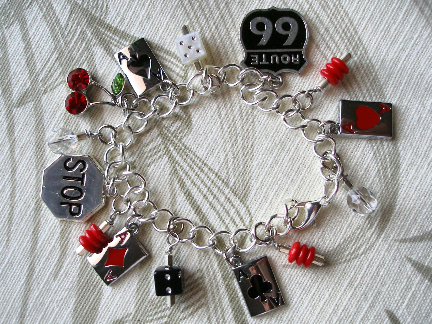 Charm Bracelet,  Route 66 Vegas Style in Silver, Black n Red with Cherries, Womens Jewelry ON SALE