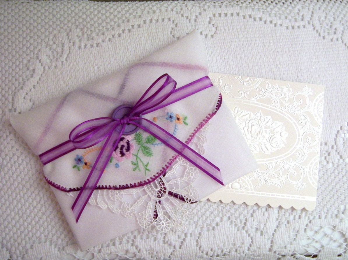 Purple Hand Embroidered Handkerchief Gift Set