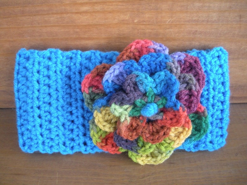 Womens Headband Crochet Headwrap Winter Fashion Hair Accessories in Aqua Blue with Multicolor Crochet flower