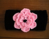 Crochet Headband Womens Fashion Accessories Headwrap Earwarmer in Black with Pink Crochet flower