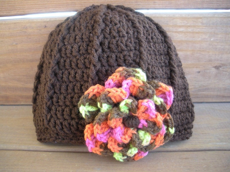 Crochet Hat Winter Fashion Cloche Womens Hat in Dark brown with Multicolor Crochet flower