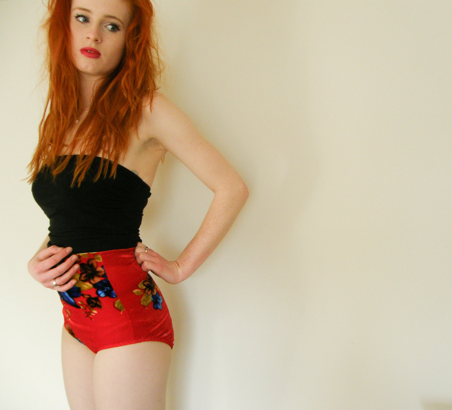 Red velvet floral high waisted hot pants knicker shorts