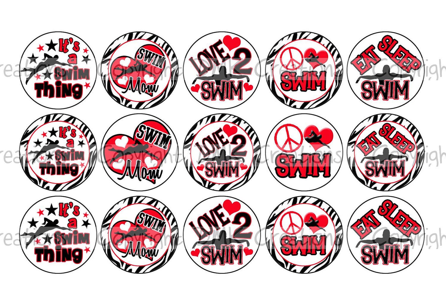 Love 2 Swim Red & Black Bottle Cap Images 4x6 Printable Bottlecap Collage INSTANT DOWNLOAD