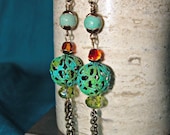 Boho Style Crystal and Patined Metal Dangle Earrings, One of a Kind