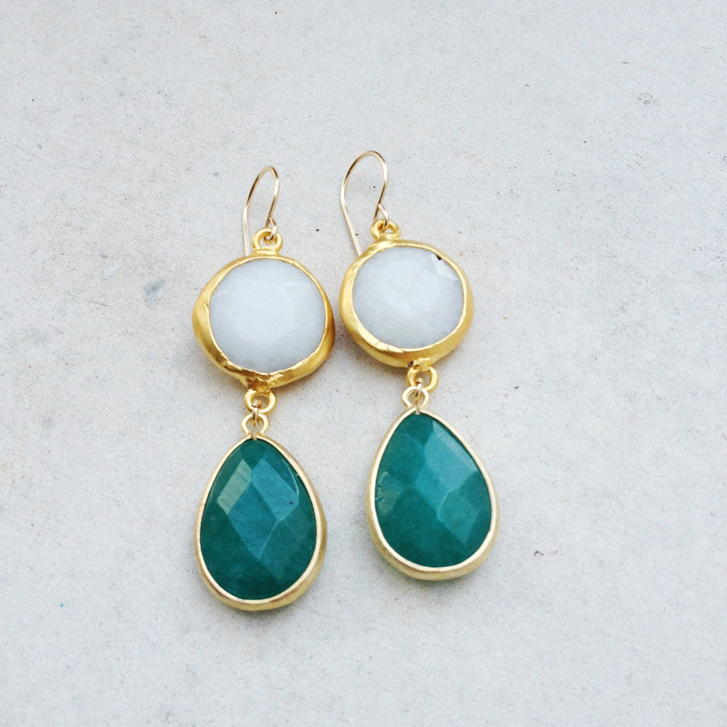long  DUAL round  white and green drop jade stones gemstone earrings textured matte golden frame gemstone earrings Israel