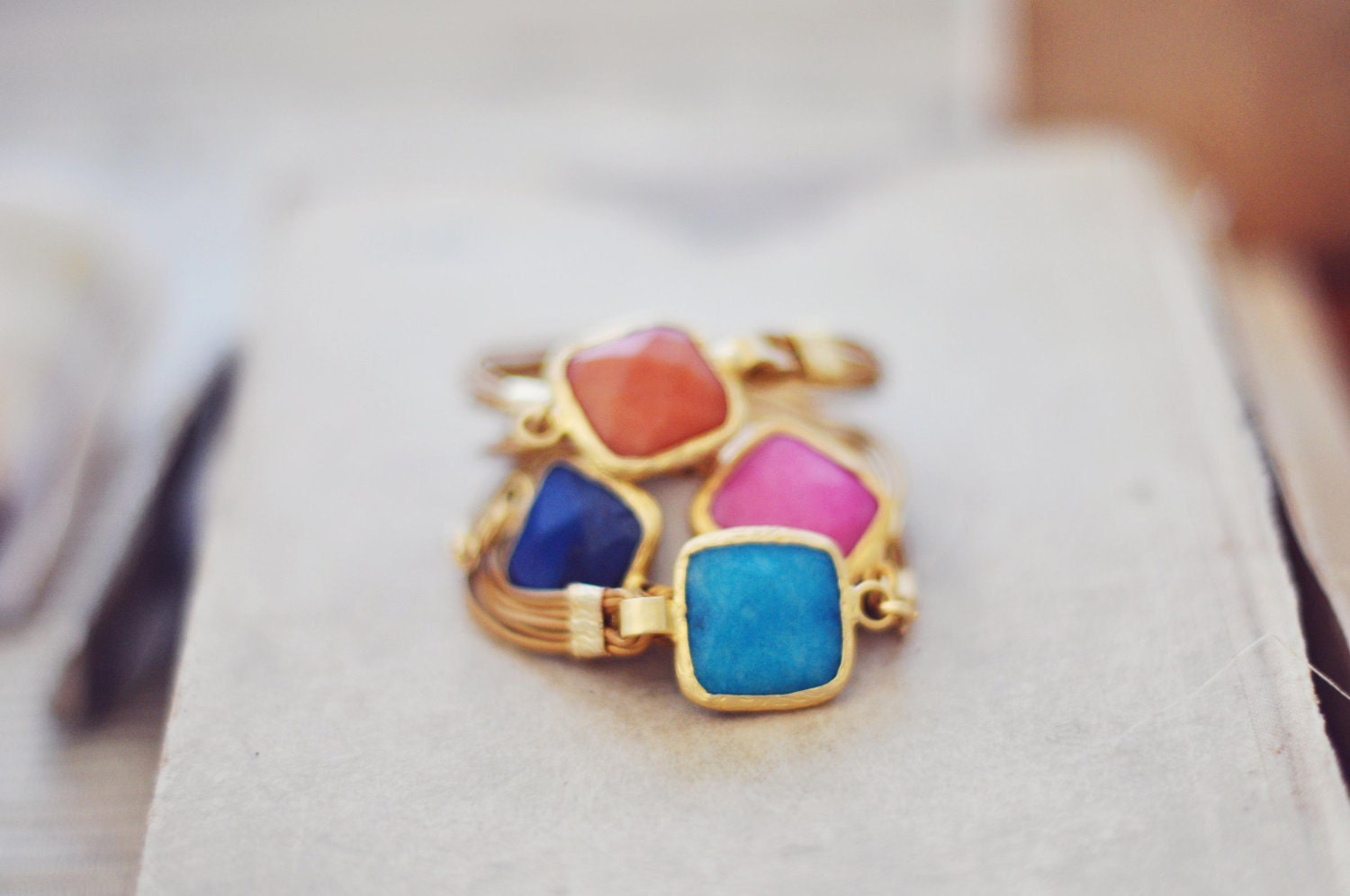 summer fashion sea navy blue jade large stone gold frame gemstone bracelet gold leather cord israel jewelry