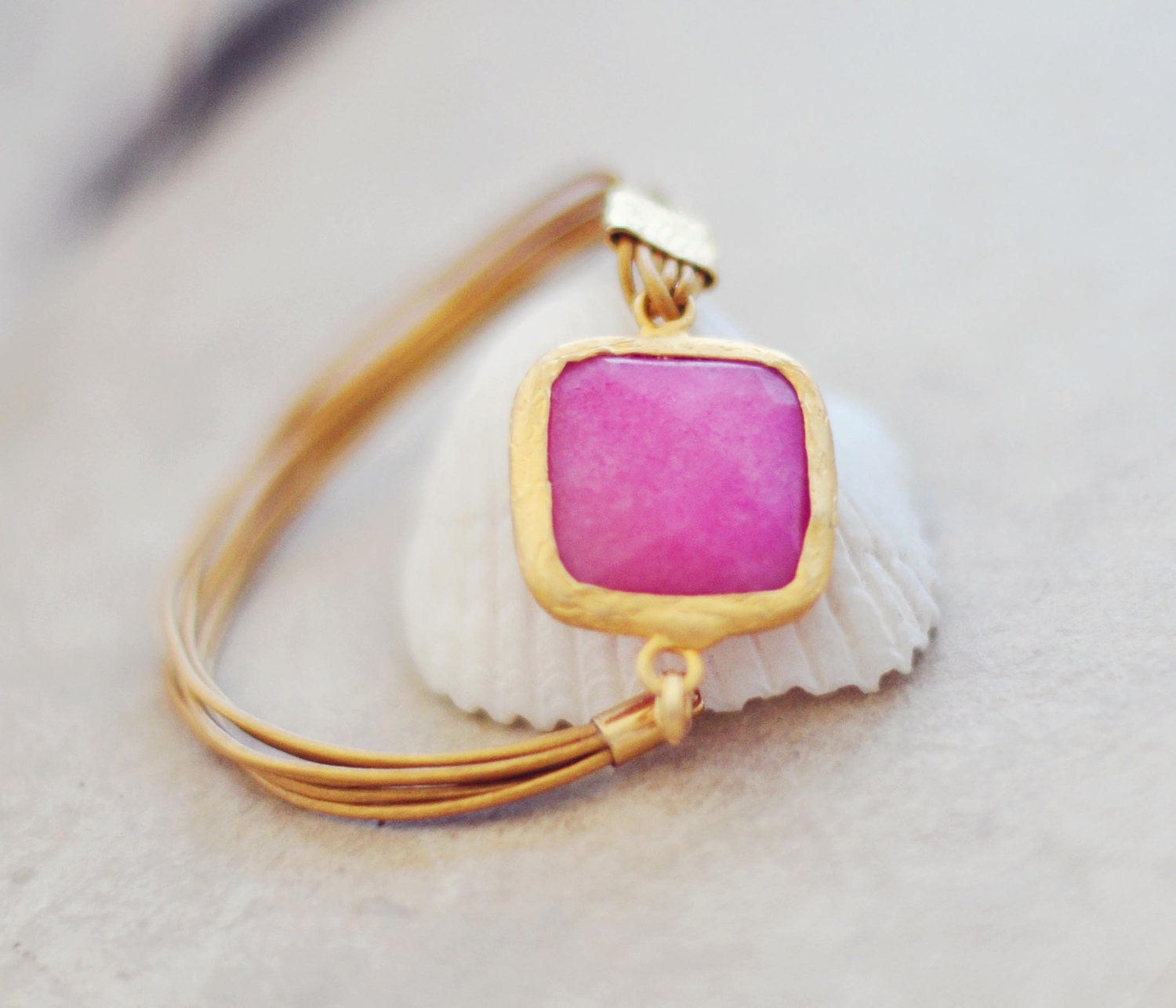 JULY fashion sweet bright candy pink jade large stone in gold frame gemstone handmade bracelet gold leather cord israel jewelry