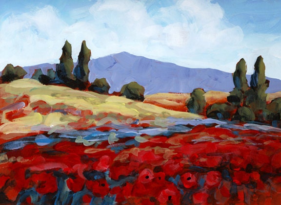 Red Flowers by Creek Original Painting ON SALE