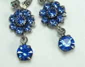 Blue Rhinestone Earrings Sapphire Flower Drops Something Blue