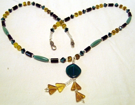 Disk bead Pendant Necklace Teal and Yellow Necklace. N013