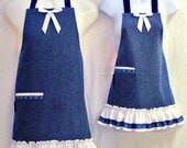 Aprons Polka DOT DENIM, Mommy & Me , White RUFFLED Flounce, Mother Daughter, Pretty Party Unique Kitchen Gift