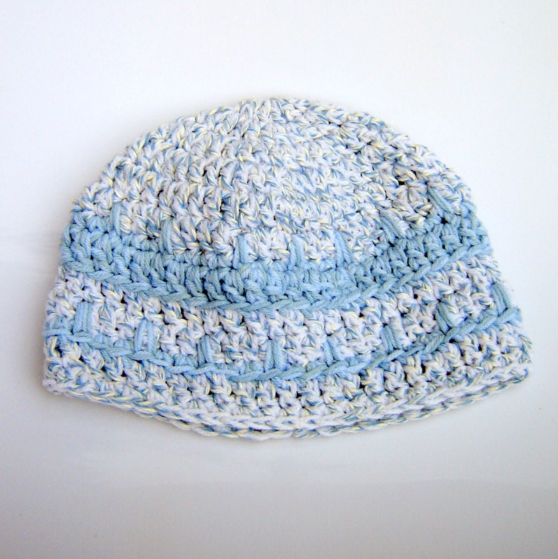 Crochet cotton blend hat - white and turquoise toboggan style Chunky two strand handmade crocheted hats