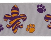 1.5" LSU Purple and Gold Zebra Fleur De Lis Ribbon with tiger paws on white Ribbon 10 yards