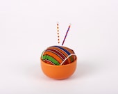 Pincushion, Kente Cloth Style, African, Ethnic, Orange Bowl, Pin Cushion