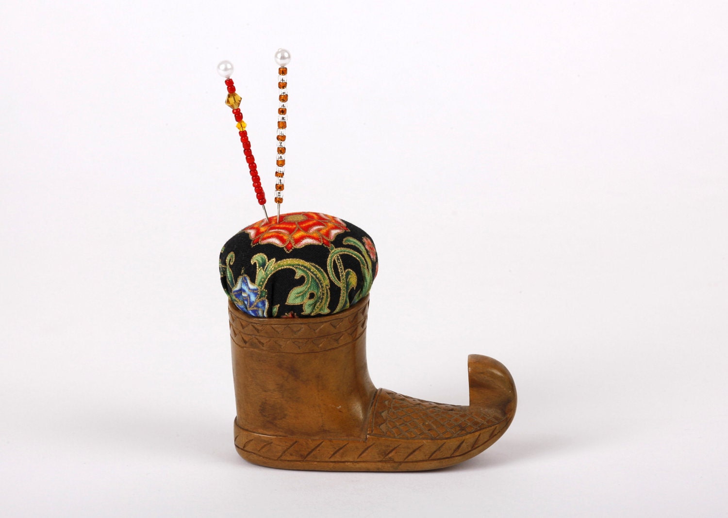 Pincushion, Wooden Boot, Yugoslavia, Hand Carved, Ethnic, Swarovski Crystals, Sewing, Pin Cushion