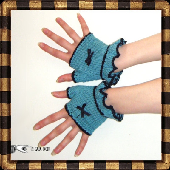 Victoriana Bow Wristwarmers Fingerless Mittens Gloves Ruffle Turquoise Kitsch