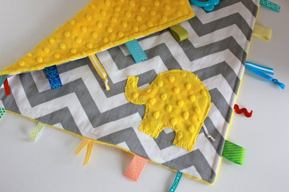 Yellow gray Chevron taggie baby blanket travel sensory lovey - minky elephant or initial