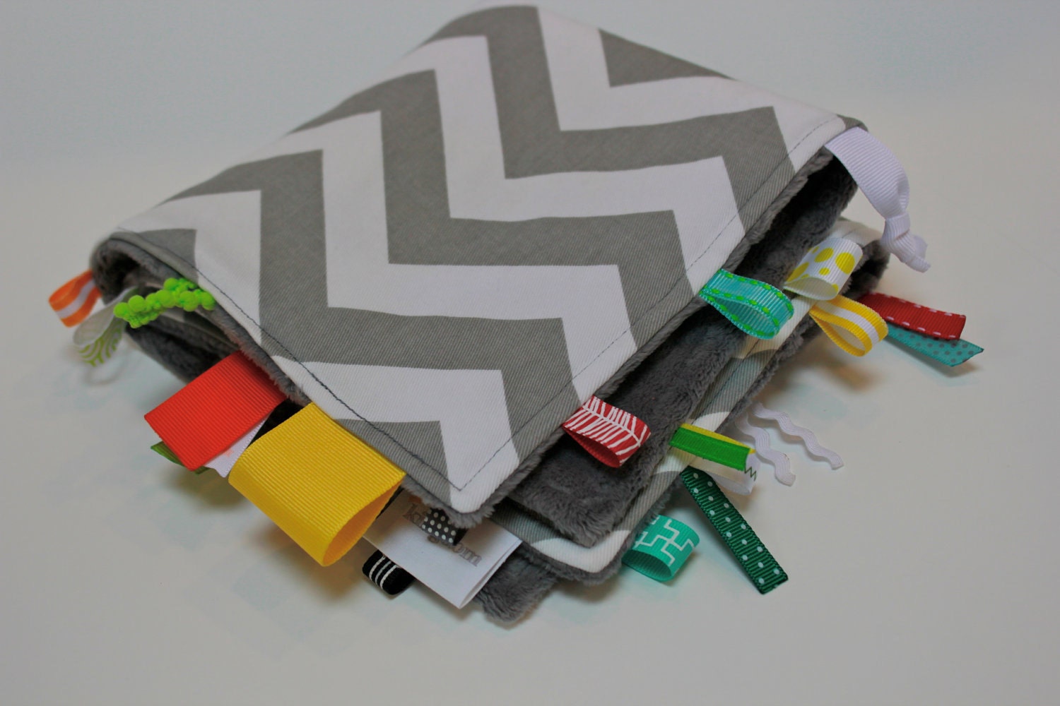 Modern grey CHEVRON tag minky blanket - boys girls taggie lovey travel sensory ribbon toy - gender neutral