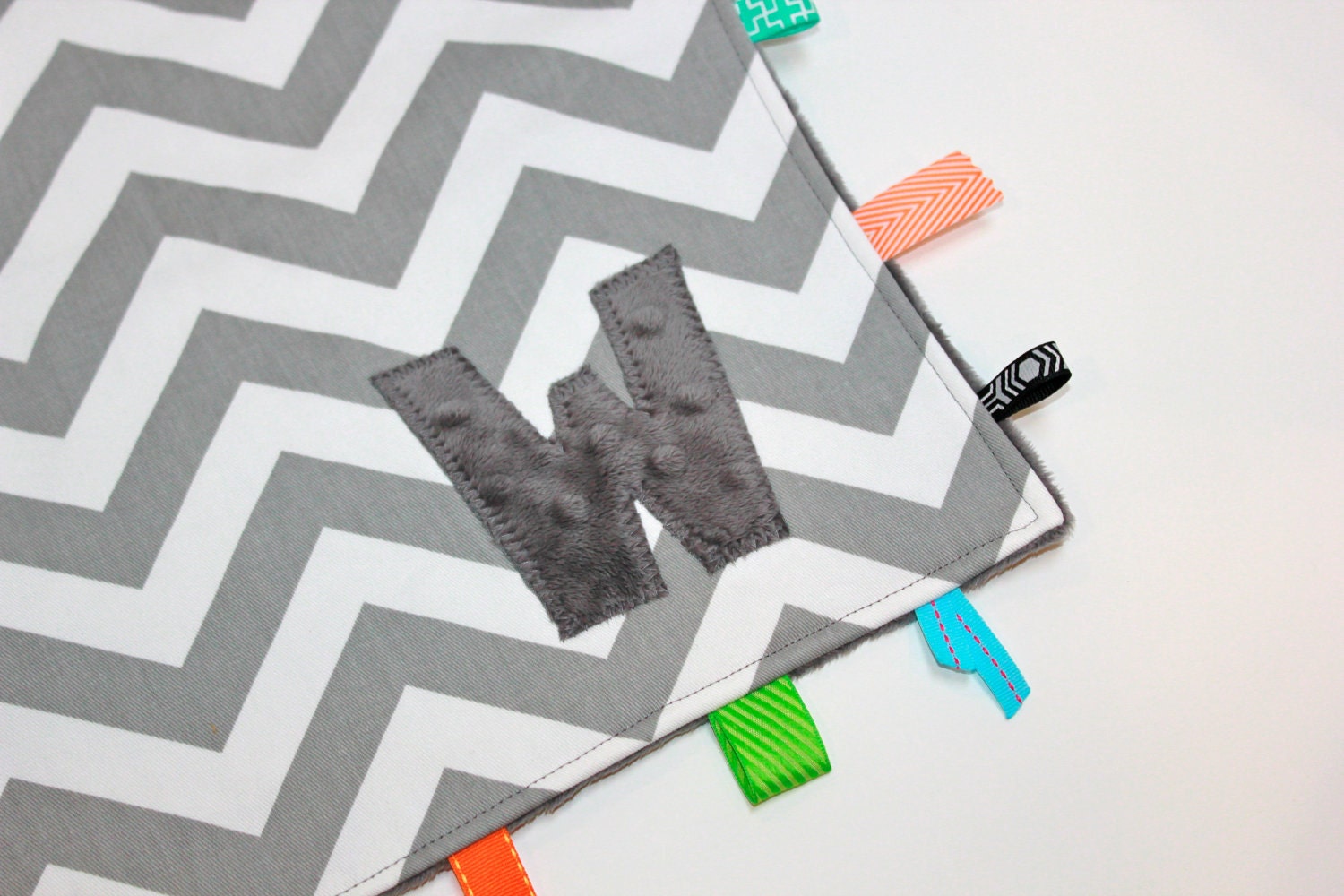 Yellow gray Chevron taggie baby blanket travel sensory lovey - minky elephant or initial