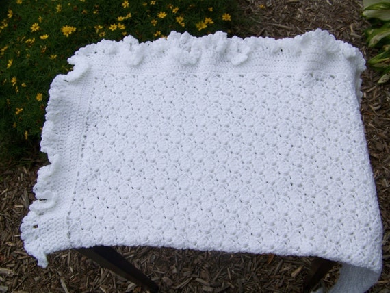 White Crocheted Ruffle Edge Baby Blanket or by MasonDixonCrafted