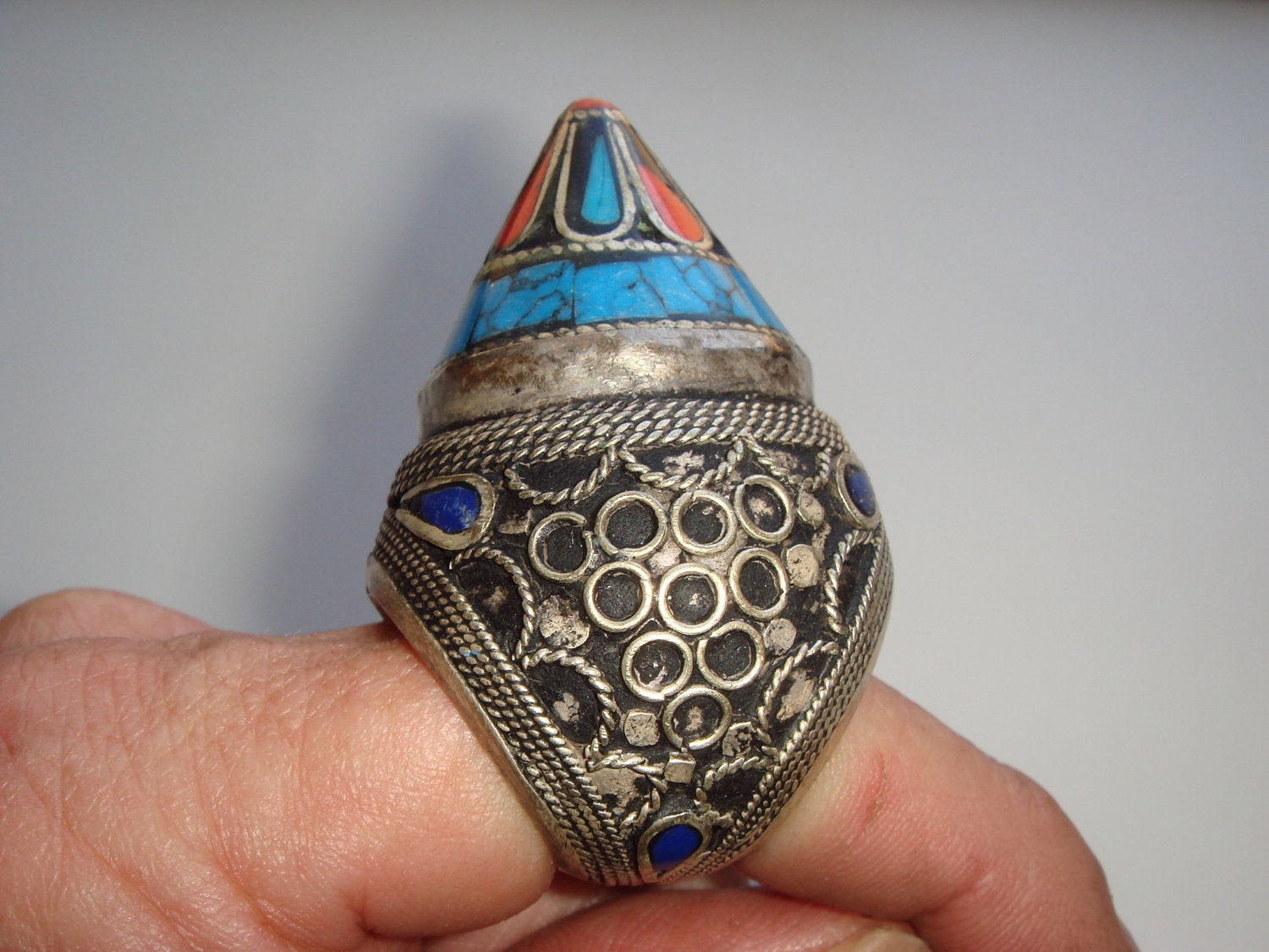 Unusual Vintage Afghani Tribal Kuchi Domed Cone Ring