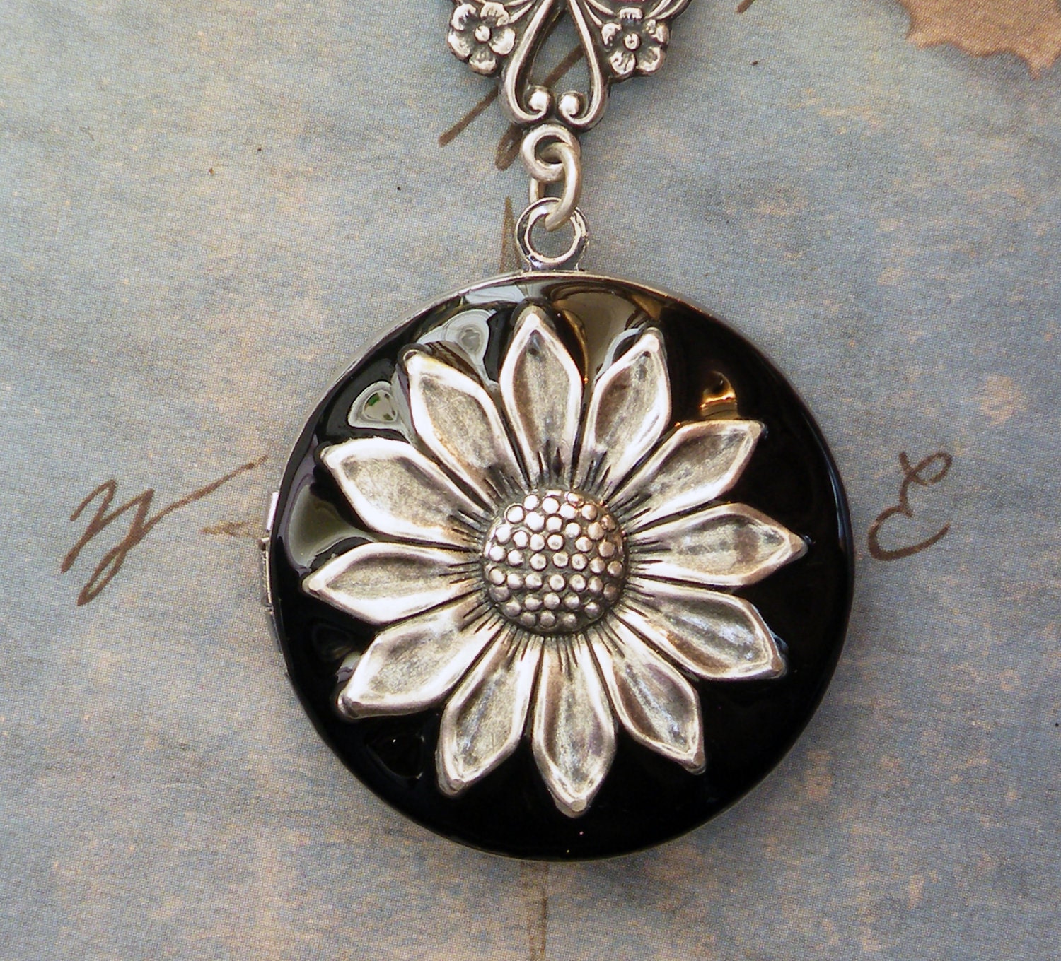 Silver Sunflower Locket -  Enameled Sunflower Necklace