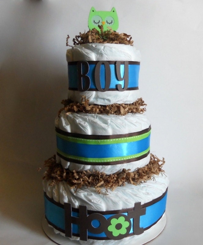 Hoot Owl Baby Shower Diaper Cake In Blue and Green